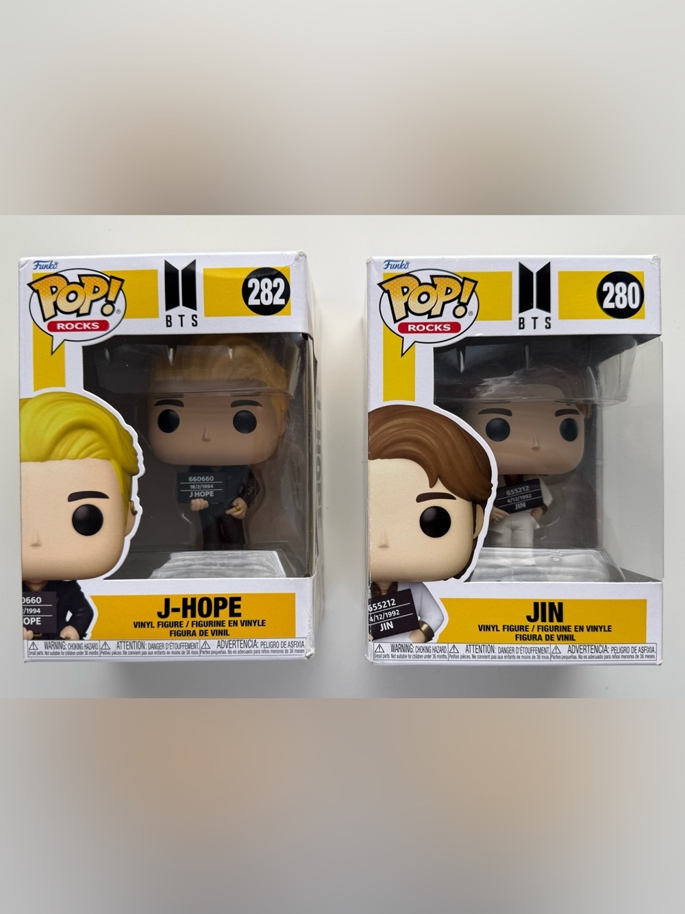 2 Funko BTS J-HOPE #282 & JIN #280 Vinyl Figures - Yellow, Black, Brown